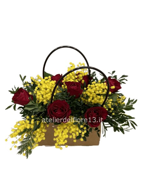 Box di rose con mimosa